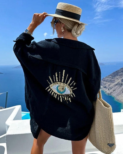 SERENA | Camicia Oversize Ricamata con Occhio Scintillante per Look Chic e Comfort Estivo