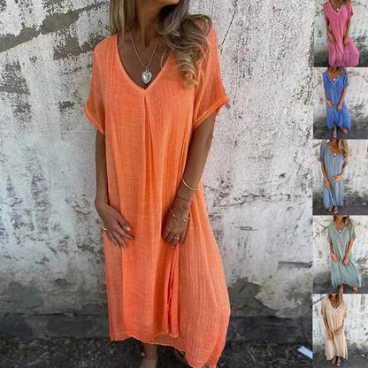 Naia™ – Vestido Ligero con Escote en V de Algodón y Lino